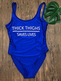High Cut THICK THIGHS SAVES LIVES Funny Letter Swimsuit One Piece Swimwear Black Monokini Bodysuit