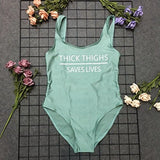 High Cut THICK THIGHS SAVES LIVES Funny Letter Swimsuit One Piece Swimwear Black Monokini Bodysuit