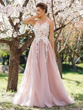 Light Pink Prom Dresses Elegant Lace Applique Tulle Long Evening Dress O Neck Sleeveless