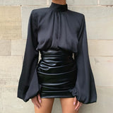 InstaHot Silk White Black Cropped Top Ladies Blouse Puff Sleeve Ruched Turtleneck Women Long Sleeve Shirt Casual Sexy Loose Top