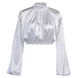 InstaHot Silk White Black Cropped Top Ladies Blouse Puff Sleeve Ruched Turtleneck Women Long Sleeve Shirt Casual Sexy Loose Top