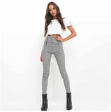 Women's High Waist Zip-Up Plaid Skinny Sweatpants