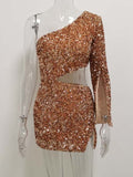 JillPeri Women One Shoulder Glitter Sequin Mini Dress Sexy Waist Cut Out Club Street Wear Celebrity Birthday Party Dress