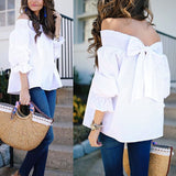 Sexy Off Shoulder Spring Summer Strapless Blouse Women Bowknot Tops Slash Neck Shirts
