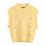KPYTOMOA Floral Embroidery High Neck Sleeveless Knitted Vest Sweater