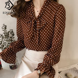 Women Vintage Polka Dot Blouses Female Blouse Tops Long Sleeve Casual Chiffon Shirt Loose Plus Size 4XL