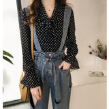 Women Vintage Polka Dot Blouses Female Blouse Tops Long Sleeve Casual Chiffon Shirt Loose Plus Size 4XL