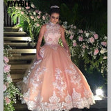 Sweet 16 Year Lace Champagne Quinceanera Dresses 2020 vestido debutante 15 anos Ball Gown High Neck Sheer Prom Dress For Party