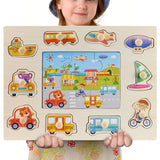 New 30cm Baby Toys Montessori Wooden Puzzle Hand Grab Board Educational Wood Puzzles for Kids Cartoon Animal Vehicle Child Gift