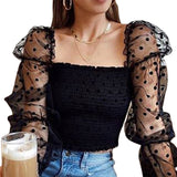 Sexy Women Wrinkled Backless Blouse Shirt Mesh Sheer Puff Sleeve Wrap Chest Tops 2020 Spring Summer Ladies Dots Blouse