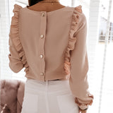 Women Ruffles White Back Buttons OL Blouse O-Neck Long Sleeve