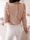 Women Ruffles White Back Buttons OL Blouse O-Neck Long Sleeve