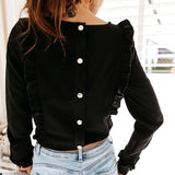Women Ruffles White Back Buttons OL Blouse O-Neck Long Sleeve