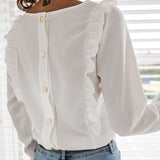 Women Ruffles White Back Buttons OL Blouse O-Neck Long Sleeve