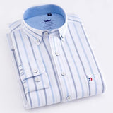 Men's Casual 100% Cotton Oxford Striped Shirt Single Patch Pocket Long Sleeve Standard-fit Comfortable Thick Button-down Shirts - shopwishi 
