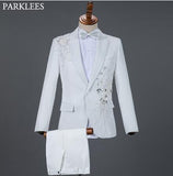 White Embroidered Diamond Suit Men Wedding Groom Tuxedo Suits Mens Stand Collar Prom Stage Costume Mens Suits with Pants Ternos