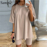 Sampic White O Neck Short Sleeve Shirt and Bodycon Shorts