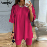 Sampic White O Neck Short Sleeve Shirt and Bodycon Shorts