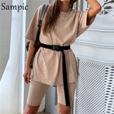 Sampic White O Neck Short Sleeve Shirt and Bodycon Shorts