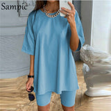 Sampic White O Neck Short Sleeve Shirt and Bodycon Shorts