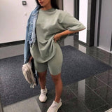 Sampic White O Neck Short Sleeve Shirt and Bodycon Shorts