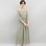 Elegant 3/4 Sleeve A-Line Ankle Length High Waist Maxi Black Dress