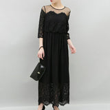 Elegant 3/4 Sleeve A-Line Ankle Length High Waist Maxi Black Dress