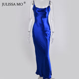 JULISSA MO Sexy Spaghetti Strap Backless Summer Dress Women Satin Lace Up Trumpet Long Dress Elegant