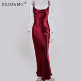 JULISSA MO Sexy Spaghetti Strap Backless Summer Dress Women Satin Lace Up Trumpet Long Dress Elegant