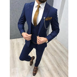 Three Piece Royal Blue Men Suits Peaked Lapel Custom Made Wedding Tuxedos Slim Fit Male Suits (Jacket + Pants + Vest+Tie)