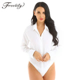 Office Lady Work White Bodysuit Woman Long Sleeve OL Shirt Bodysuit Clothing Lady Turn Down Collar