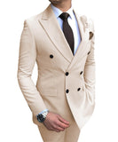 New Beige Men's Suit 2 Pieces Double-breasted Notch Lapel Flat Slim Fit Casual Tuxedos For Wedding(Blazer+Pants)