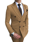 New Beige Men's Suit 2 Pieces Double-breasted Notch Lapel Flat Slim Fit Casual Tuxedos For Wedding(Blazer+Pants)