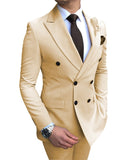 New Beige Men's Suit 2 Pieces Double-breasted Notch Lapel Flat Slim Fit Casual Tuxedos For Wedding(Blazer+Pants)
