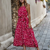 EVERAFTER Vacation holiday dot print dress women sleeveless sashes backless long dress summer casual female beach maxi dresses