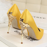 Metal Carved Thin Heel High Heels Pumps Women Shoes Sexy Pointed Toe Ladies Shoes Fashion Candy Colors Wedding Shoes Woman
