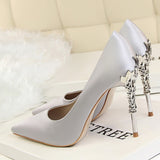 Metal Carved Thin Heel High Heels Pumps Women Shoes Sexy Pointed Toe Ladies Shoes Fashion Candy Colors Wedding Shoes Woman