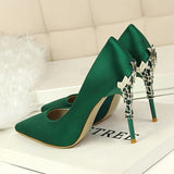 Metal Carved Thin Heel High Heels Pumps Women Shoes Sexy Pointed Toe Ladies Shoes Fashion Candy Colors Wedding Shoes Woman