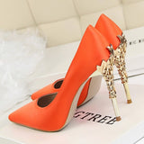 Metal Carved Thin Heel High Heels Pumps Women Shoes Sexy Pointed Toe Ladies Shoes Fashion Candy Colors Wedding Shoes Woman