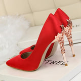 Metal Carved Thin Heel High Heels Pumps Women Shoes Sexy Pointed Toe Ladies Shoes Fashion Candy Colors Wedding Shoes Woman