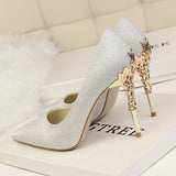 Metal Carved Thin Heel High Heels Pumps Women Shoes Sexy Pointed Toe Ladies Shoes Fashion Candy Colors Wedding Shoes Woman