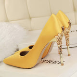 Metal Carved Thin Heel High Heels Pumps Women Shoes Sexy Pointed Toe Ladies Shoes Fashion Candy Colors Wedding Shoes Woman
