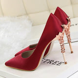 Metal Carved Thin Heel High Heels Pumps Women Shoes Sexy Pointed Toe Ladies Shoes Fashion Candy Colors Wedding Shoes Woman