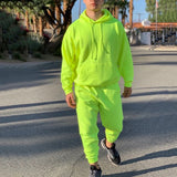 Neon Green Style Men's Fashion Tracksuit Solid 2 Pieces Long Sleeve Hoody+Loose