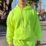 Neon Green Style Men's Fashion Tracksuit Solid 2 Pieces Long Sleeve Hoody+Loose