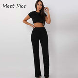 2 Two Piece Set Women Ribbed O Neck Crop Top and Long Pants Set Sexy Autumn Short Sleeve Tracksuit Women Conjunto Feminino 2021