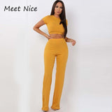 2 Two Piece Set Women Ribbed O Neck Crop Top and Long Pants Set Sexy Autumn Short Sleeve Tracksuit Women Conjunto Feminino 2021