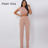 2 Two Piece Set Women Ribbed O Neck Crop Top and Long Pants Set Sexy Autumn Short Sleeve Tracksuit Women Conjunto Feminino 2021