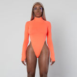 Dulzura high neck long sleeve high waist neon bodysuit 2019 autumn winter women sexy skinny stretch body clothing