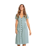 Casual V-neck Button Pocket Short Sleeve A-line Midi Dresses For Women
